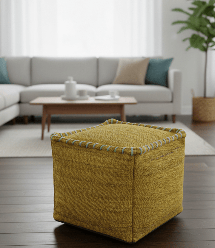 Hand Woven Boho Natural Farmhouse Mustard Jute Pouf - The Rug Decor