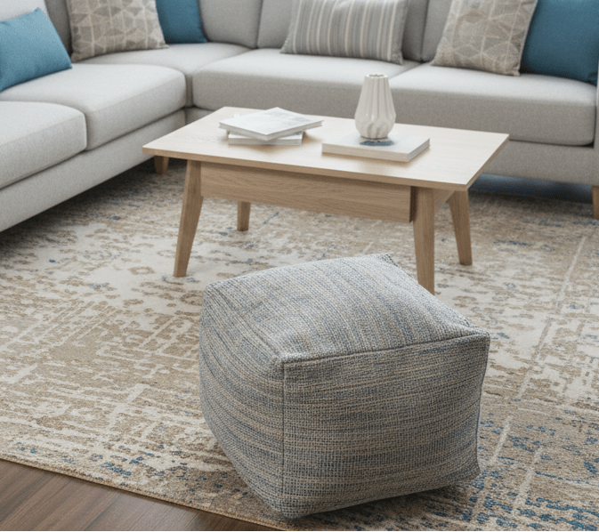 Hand Woven Boho Natural Large Blue and Brown Jute Pouf - The Rug Decor