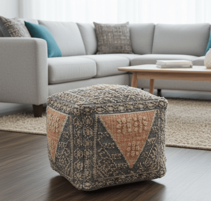 Hand Woven Boho Tribal Large Charcoal Jute and Wool Pouf - The Rug Decor