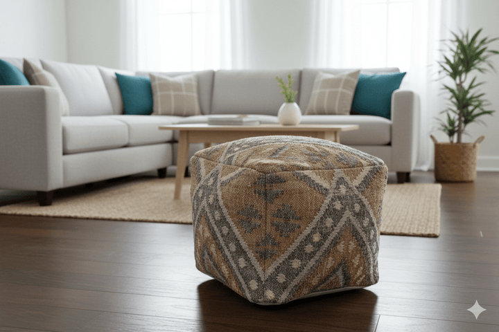 Hand Woven Boho Tribal Large Gray and Brown Jute and Wool Pouf - The Rug Decor