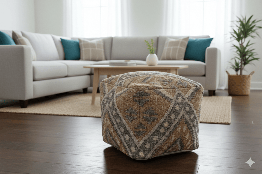 Hand Woven Boho Tribal Large Gray and Brown Jute and Wool Pouf - The Rug Decor