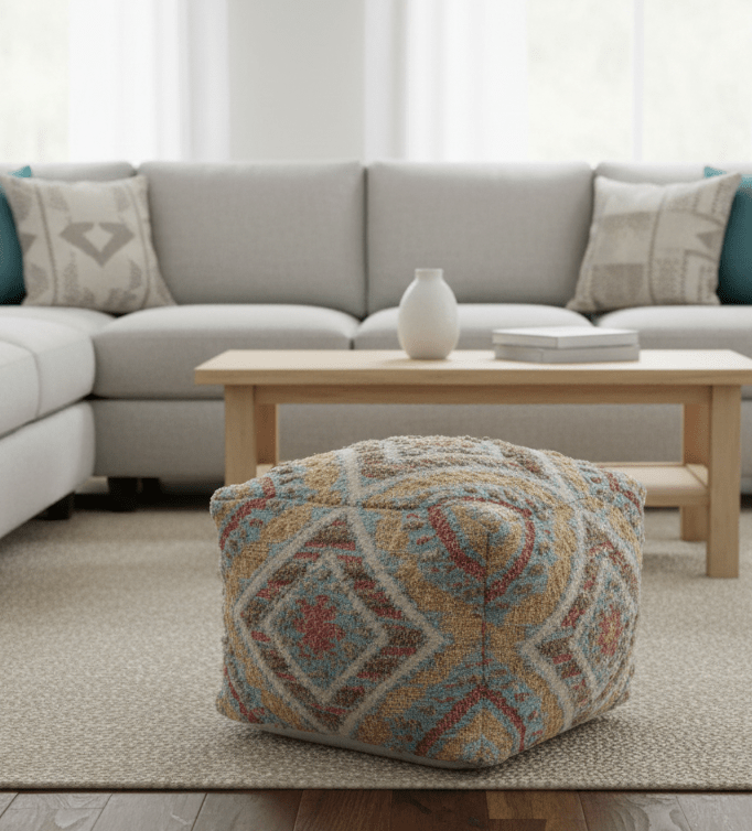 Hand Woven Boho Tribal Large Mustard and Blue Jute and Wool Pouf - The Rug Decor