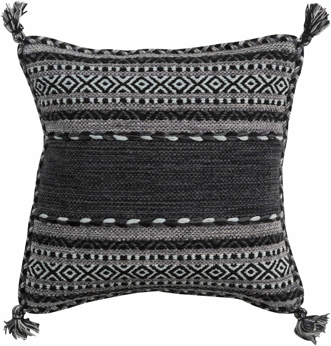 Hand Woven Charcoal and Ivory Tribal Tassel Design Square Throw Pillow - The Rug Decor