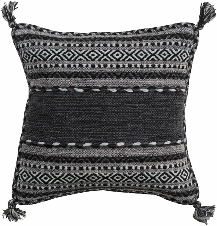 Hand Woven Charcoal and Ivory Tribal Tassel Design Square Throw Pillow - The Rug Decor