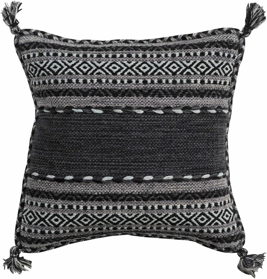 Hand Woven Charcoal and Ivory Tribal Tassel Design Square Throw Pillow - The Rug Decor
