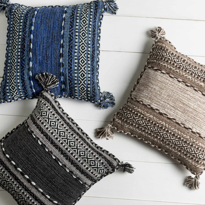 Hand Woven Charcoal and Ivory Tribal Tassel Design Square Throw Pillow - The Rug Decor