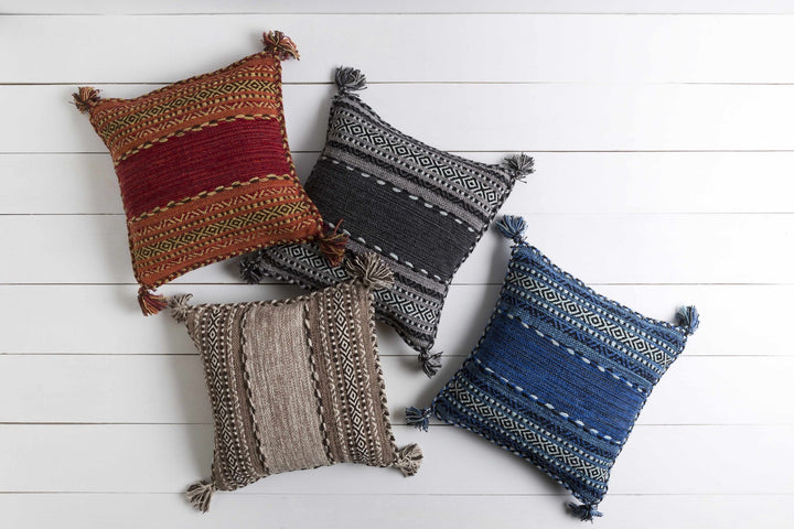 Hand Woven Charcoal and Ivory Tribal Tassel Design Square Throw Pillow - The Rug Decor