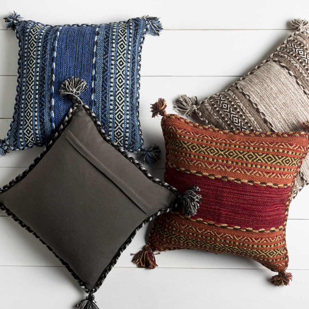 Hand Woven Charcoal and Ivory Tribal Tassel Design Square Throw Pillow - The Rug Decor