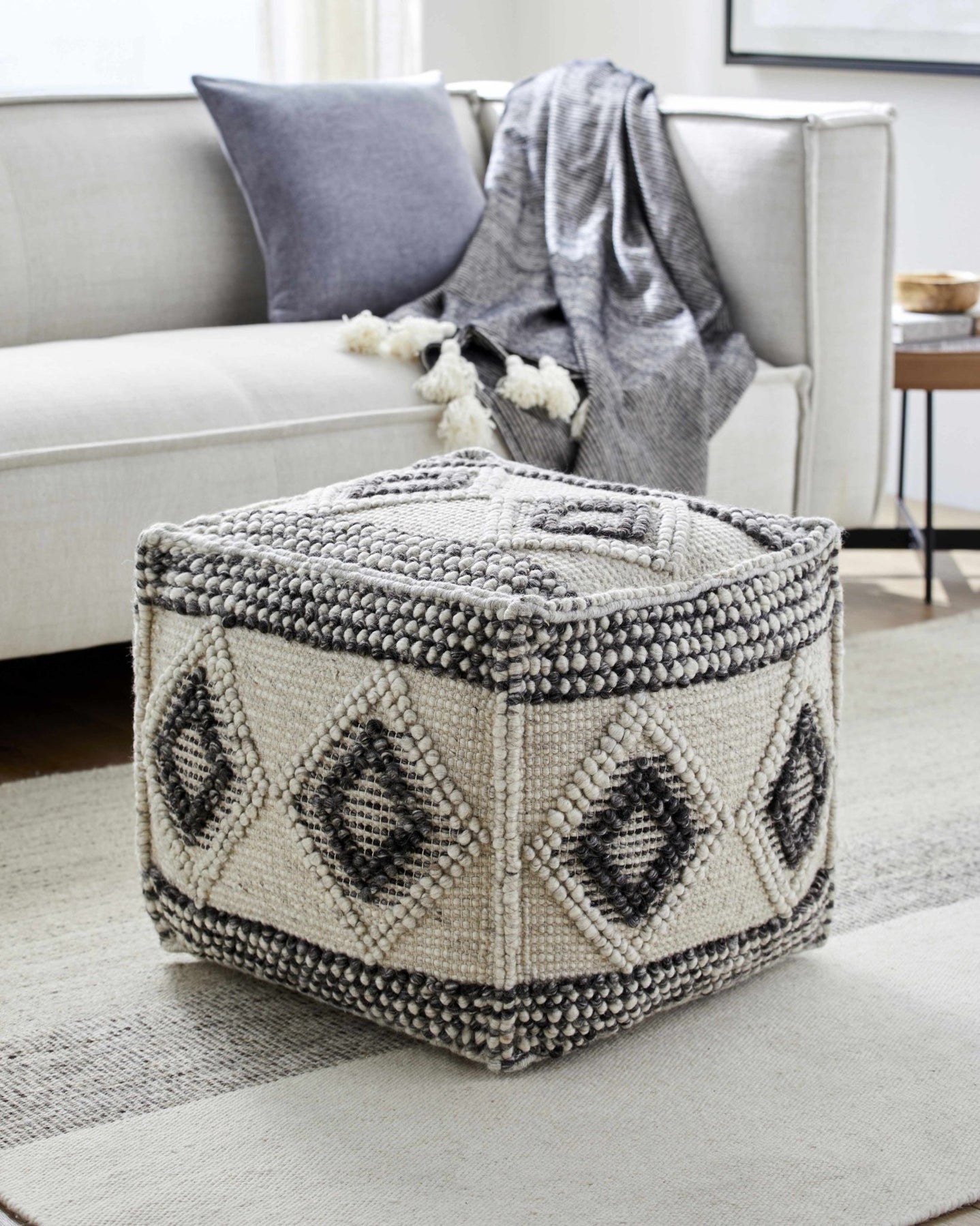 Hand Woven Ivory and Charcoal Geometrical Stripes Tasseled Design Pouf - The Rug Decor