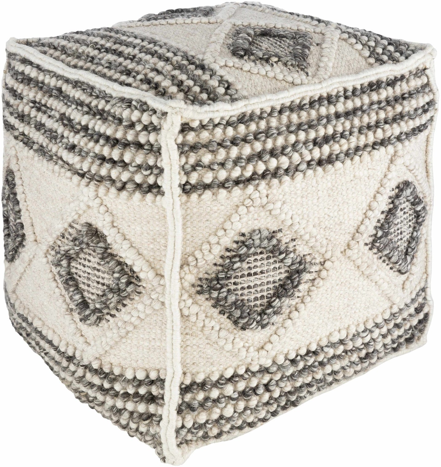 Hand Woven Ivory and Charcoal Geometrical Stripes Tasseled Design Pouf - The Rug Decor