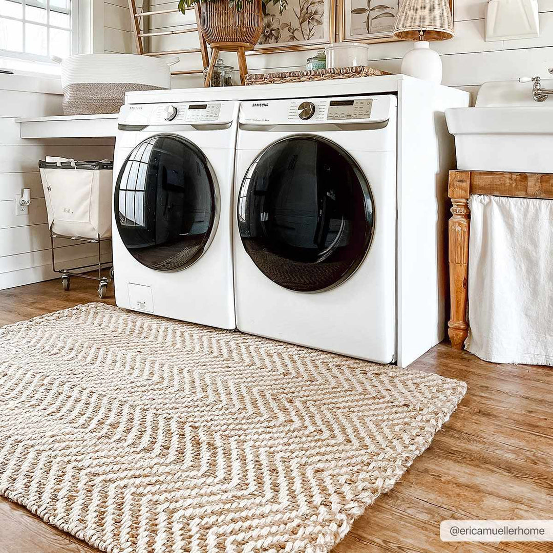 Hand Woven Ivory and Gold Textured Chevron Design Multi Size Jute Area Rug - The Rug Decor