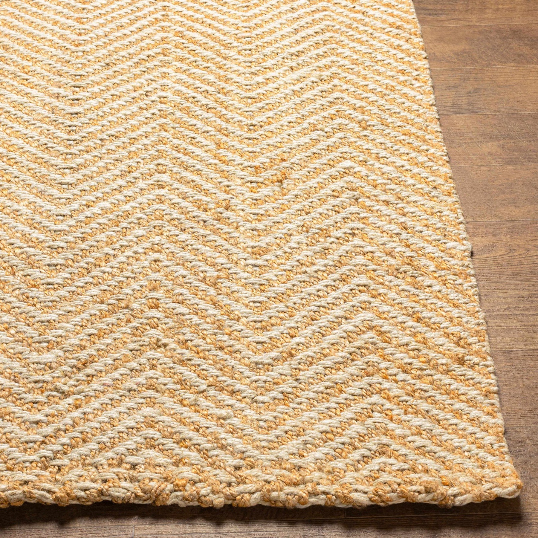 Hand Woven Ivory and Gold Textured Chevron Design Multi Size Jute Rug ...