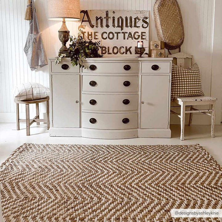Hand Woven Ivory and Gold Textured Chevron Design Multi Size Jute Area Rug - The Rug Decor