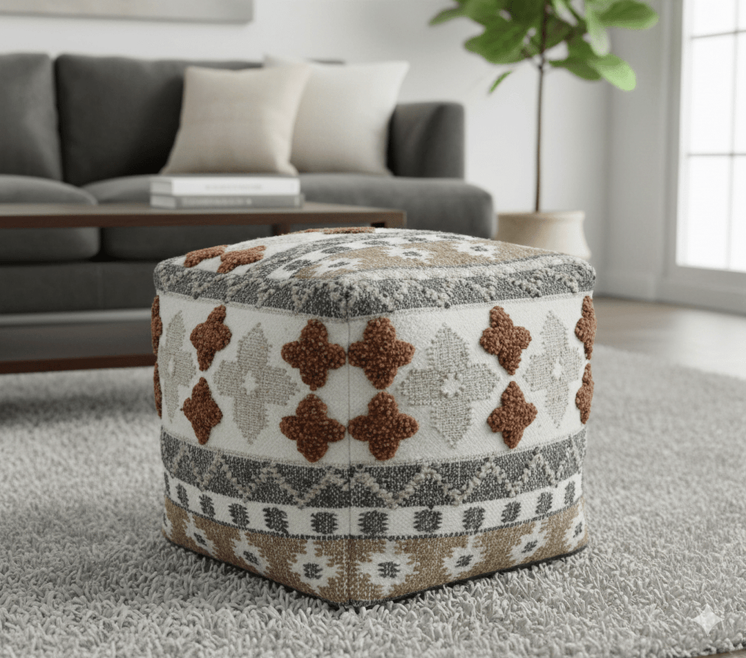 Hand woven Ivory, Gray and Brown Textured Jute and wool Pouf - The Rug Decor