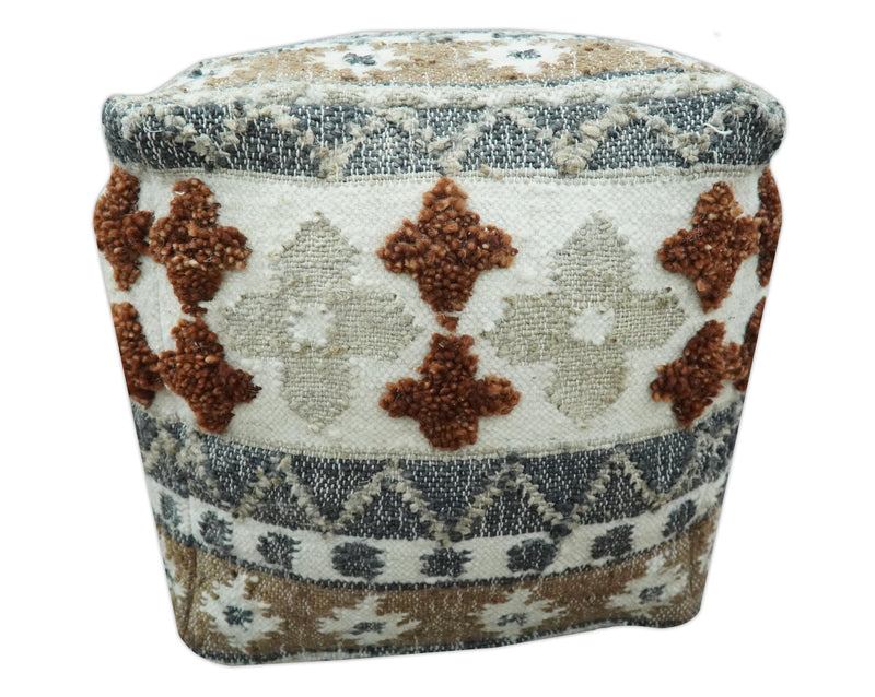 Hand woven Ivory, Gray and Brown Traditional Textured Jute and wool Pouf - The Rug Decor