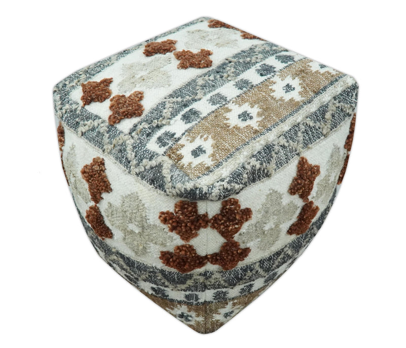 Hand woven Ivory, Gray and Brown Traditional Textured Jute and wool Pouf - The Rug Decor