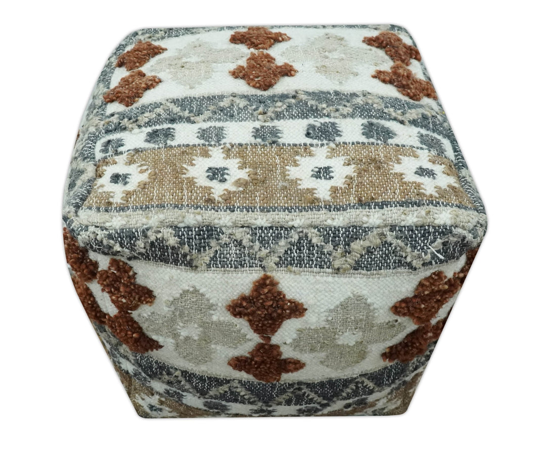 Hand woven Ivory, Gray and Brown Traditional Textured Jute and wool Pouf - The Rug Decor