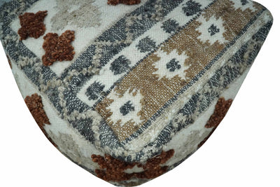 Hand woven Ivory, Gray and Brown Traditional Textured Jute and wool Pouf - The Rug Decor