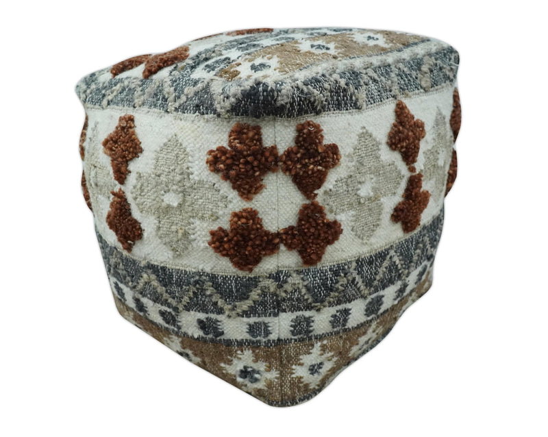 Hand woven Ivory, Gray and Brown Traditional Textured Jute and wool Pouf - The Rug Decor