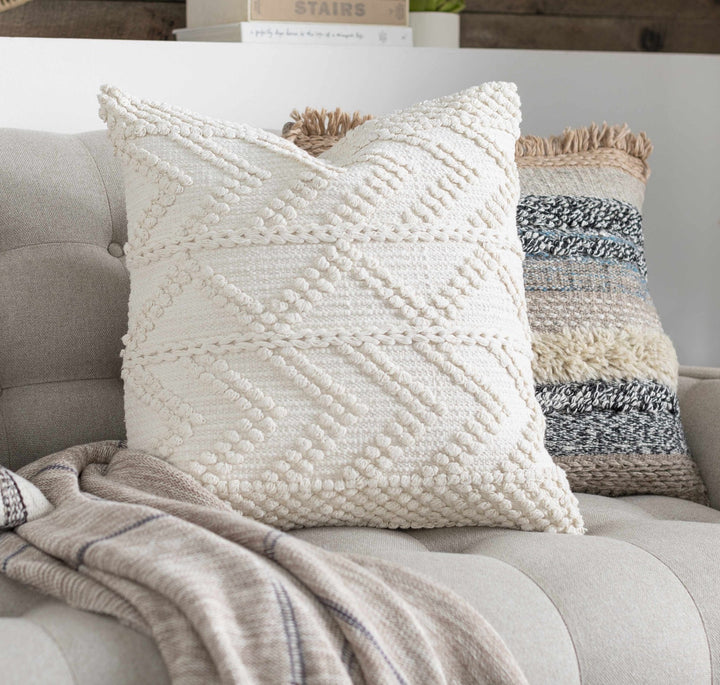 Hand Woven Ivory Textured Crochet Chevron Design Cotton Square Throw Pillow - The Rug Decor