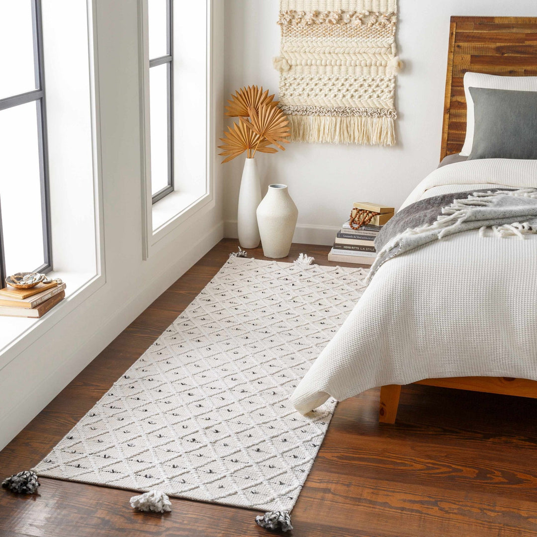 Hand Woven Modern Geometrical Beige and Charcoal Tassel Design rug - The Rug Decor