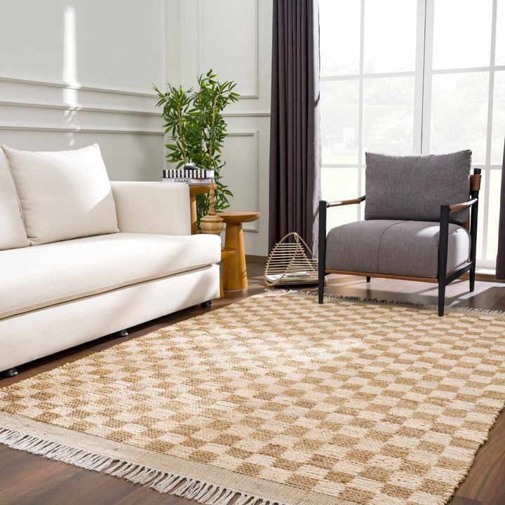 Hand Woven Modern Geometrical Ivory and Brown Checkered Jute Area Rug - The Rug Decor