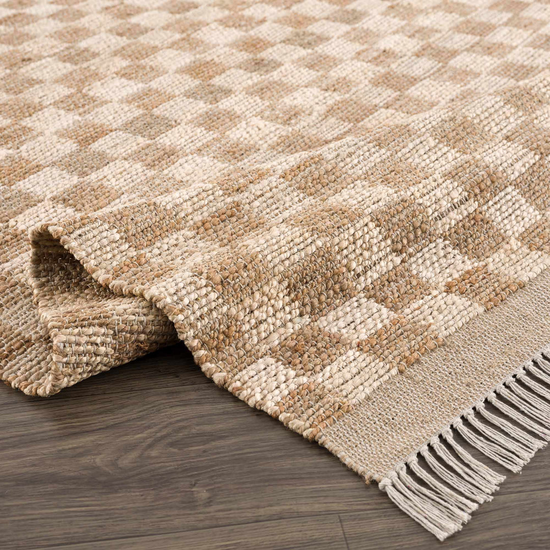 Hand Woven Modern Geometrical Ivory and Brown Checkered Jute Area Rug - The Rug Decor