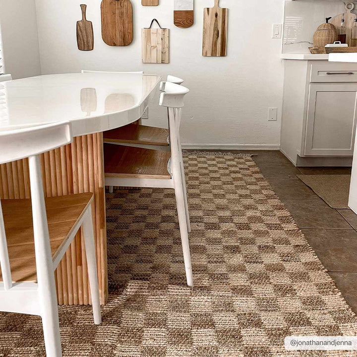 Hand Woven Modern Geometrical Ivory and Brown Checkered Jute Area Rug - The Rug Decor