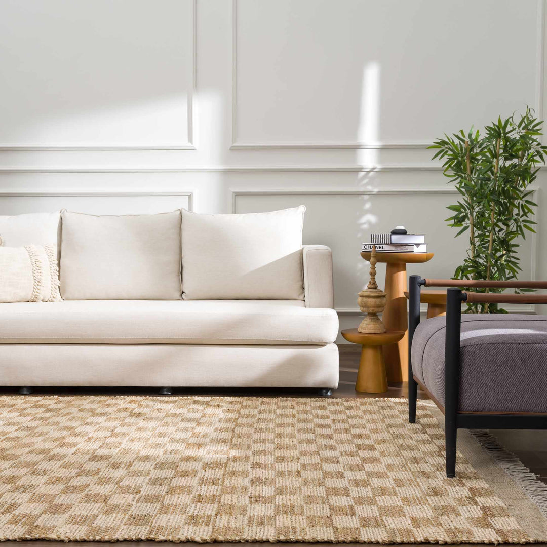 Hand Woven Modern Geometrical Ivory and Brown Checkered Jute Area Rug - The Rug Decor