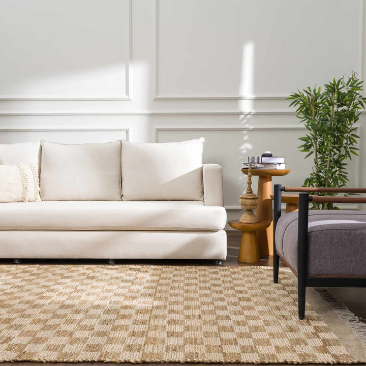 Hand Woven Modern Geometrical Ivory and Brown Checkered Jute Area Rug - The Rug Decor