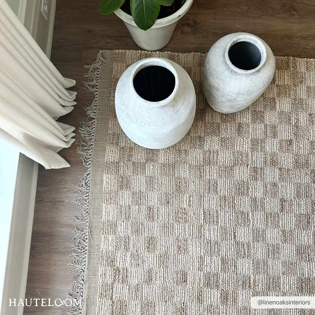 Hand Woven Modern Geometrical Ivory and Brown Checkered Jute Area Rug - The Rug Decor
