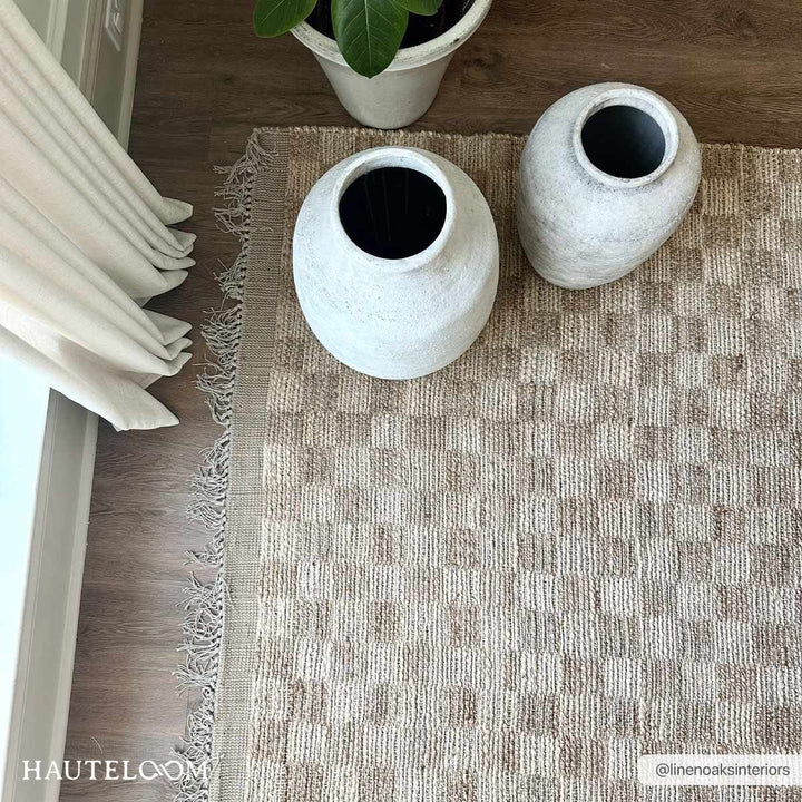 Hand Woven Modern Geometrical Ivory and Brown Checkered Jute Area Rug - The Rug Decor