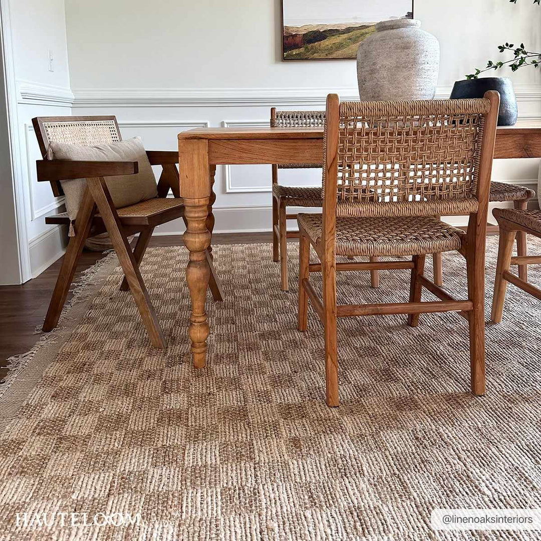 Hand Woven Modern Geometrical Ivory and Brown Checkered Jute Area Rug - The Rug Decor