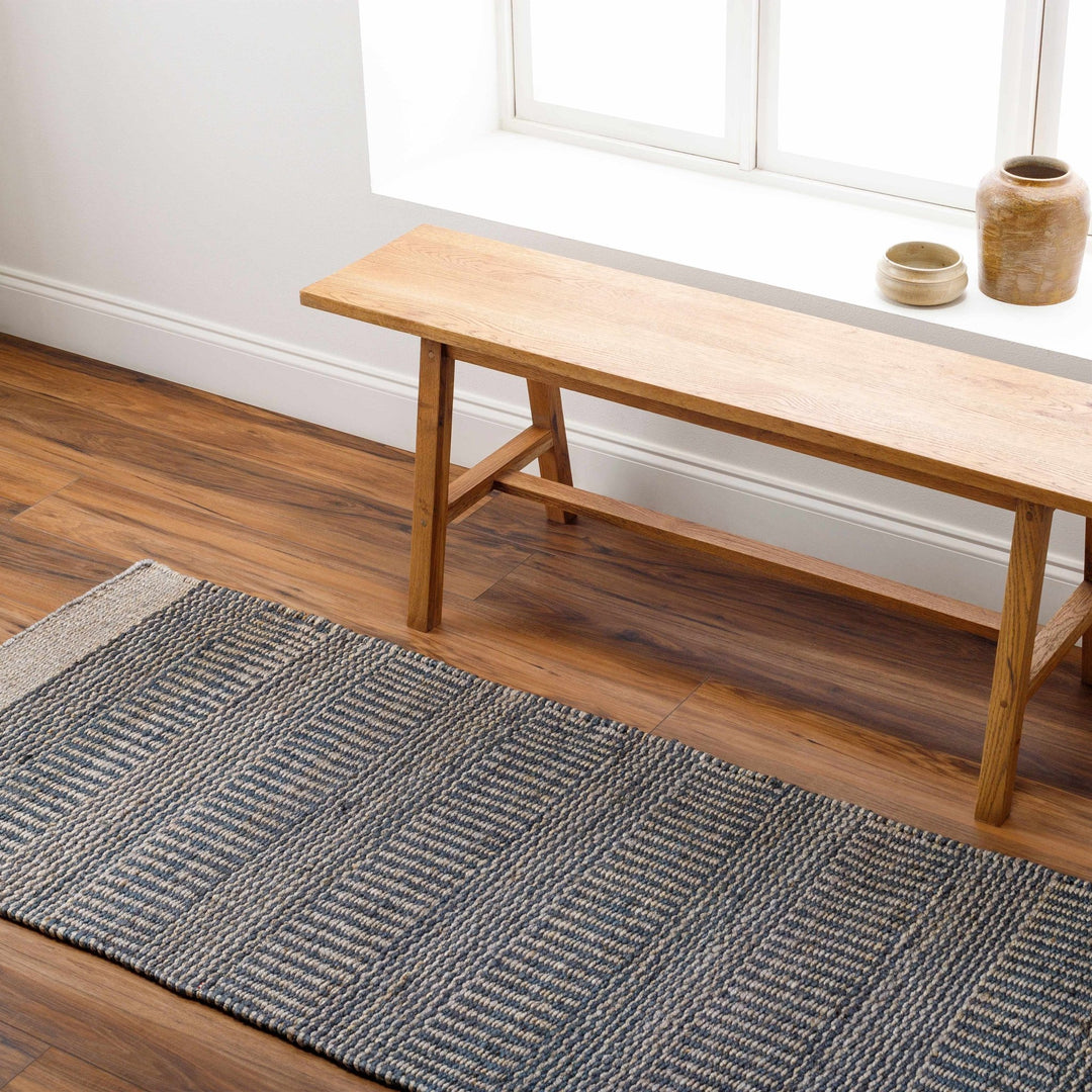 Hand Woven Natural Brown and Navy Blue Modern Stripes Design Jute Area Rug - The Rug Decor