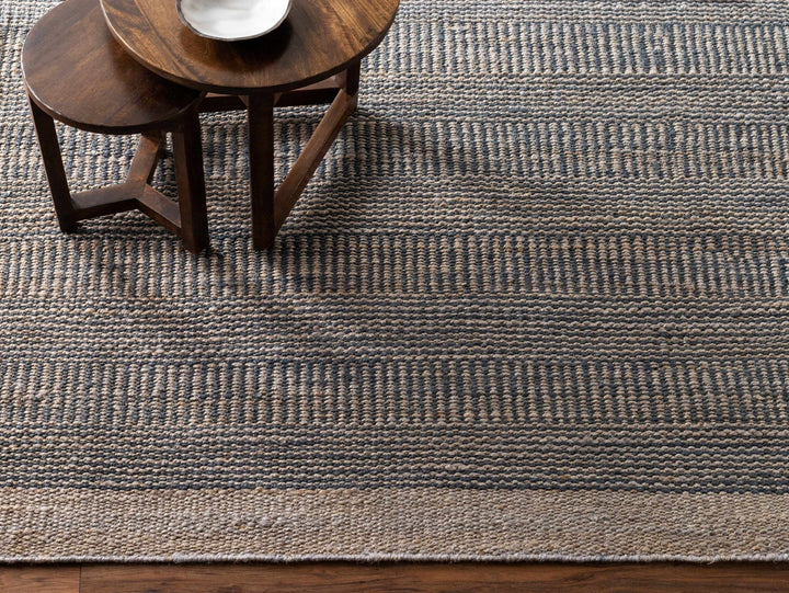 Hand Woven Natural Brown and Navy Blue Modern Stripes Design Jute Area Rug - The Rug Decor