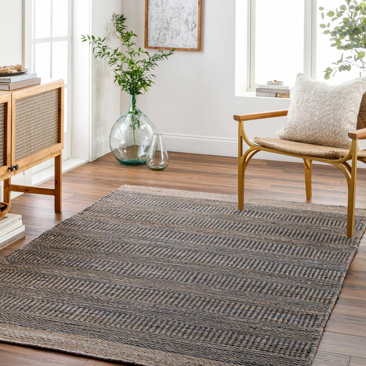 Hand Woven Natural Brown and Navy Blue Modern Stripes Design Jute Area Rug - The Rug Decor
