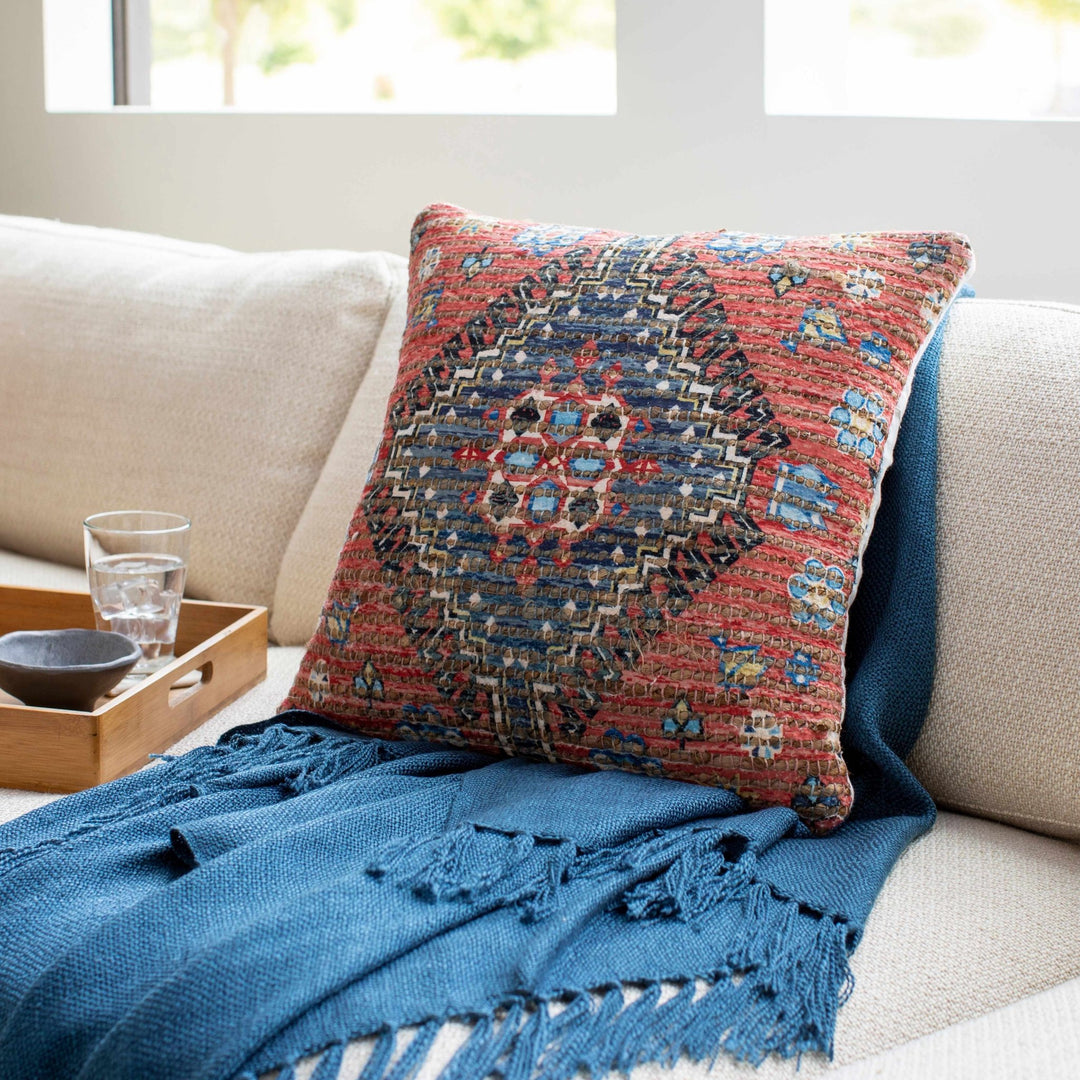 Hand Woven Peach and Blue Tribal Design Square Throw Pillow - The Rug Decor
