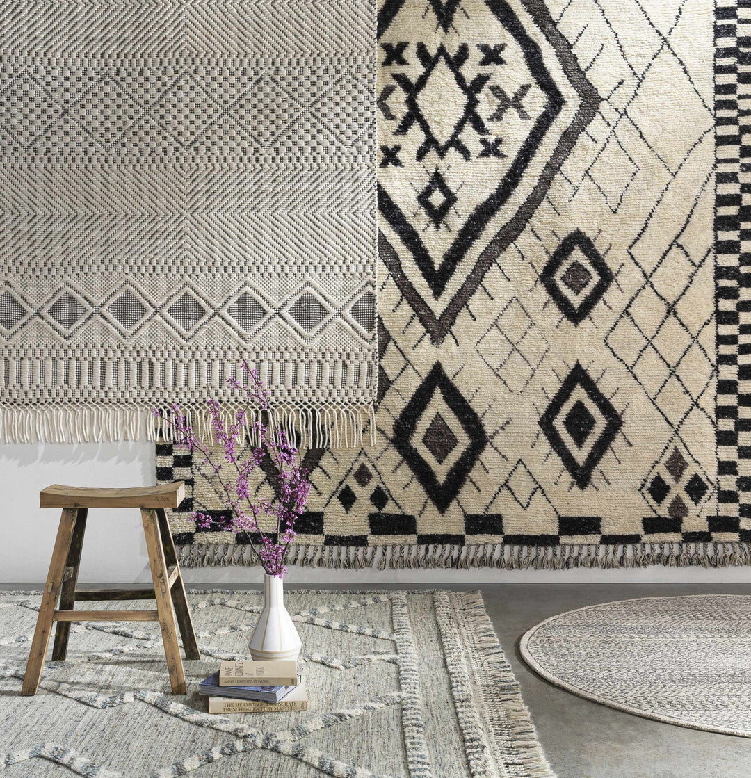 Hand Woven Premium look Ivory and Black Modern Geometrical Design Wool Rug - The Rug Decor
