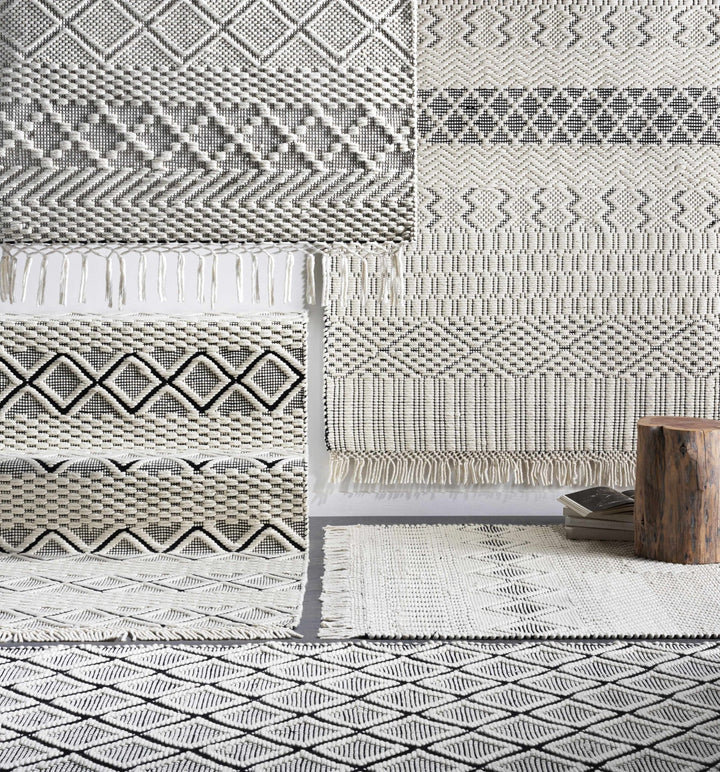 Hand Woven Premium look Ivory and Black Modern Geometrical Design Wool Rug - The Rug Decor