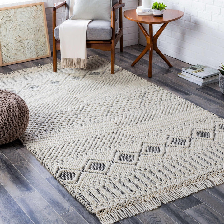 Hand Woven Premium look Ivory and Black Modern Geometrical Design Wool Rug - The Rug Decor