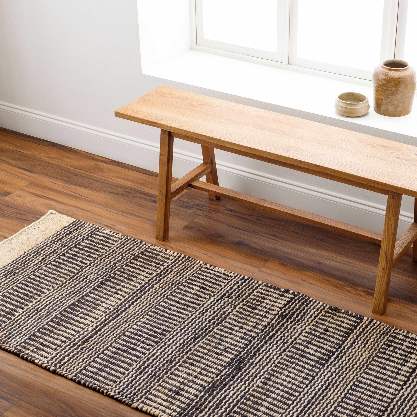 Hand Woven Tan and Charcoal Stripes Design contemporary jute area Rug - The Rug Decor