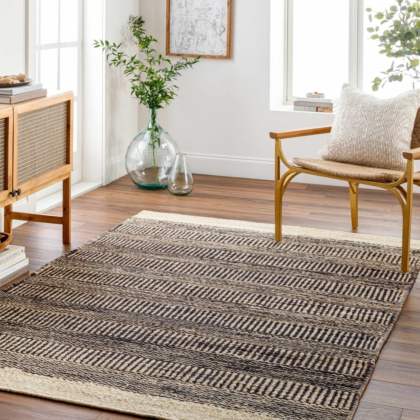 Hand Woven Tan and Charcoal Stripes Design contemporary jute area Rug - The Rug Decor