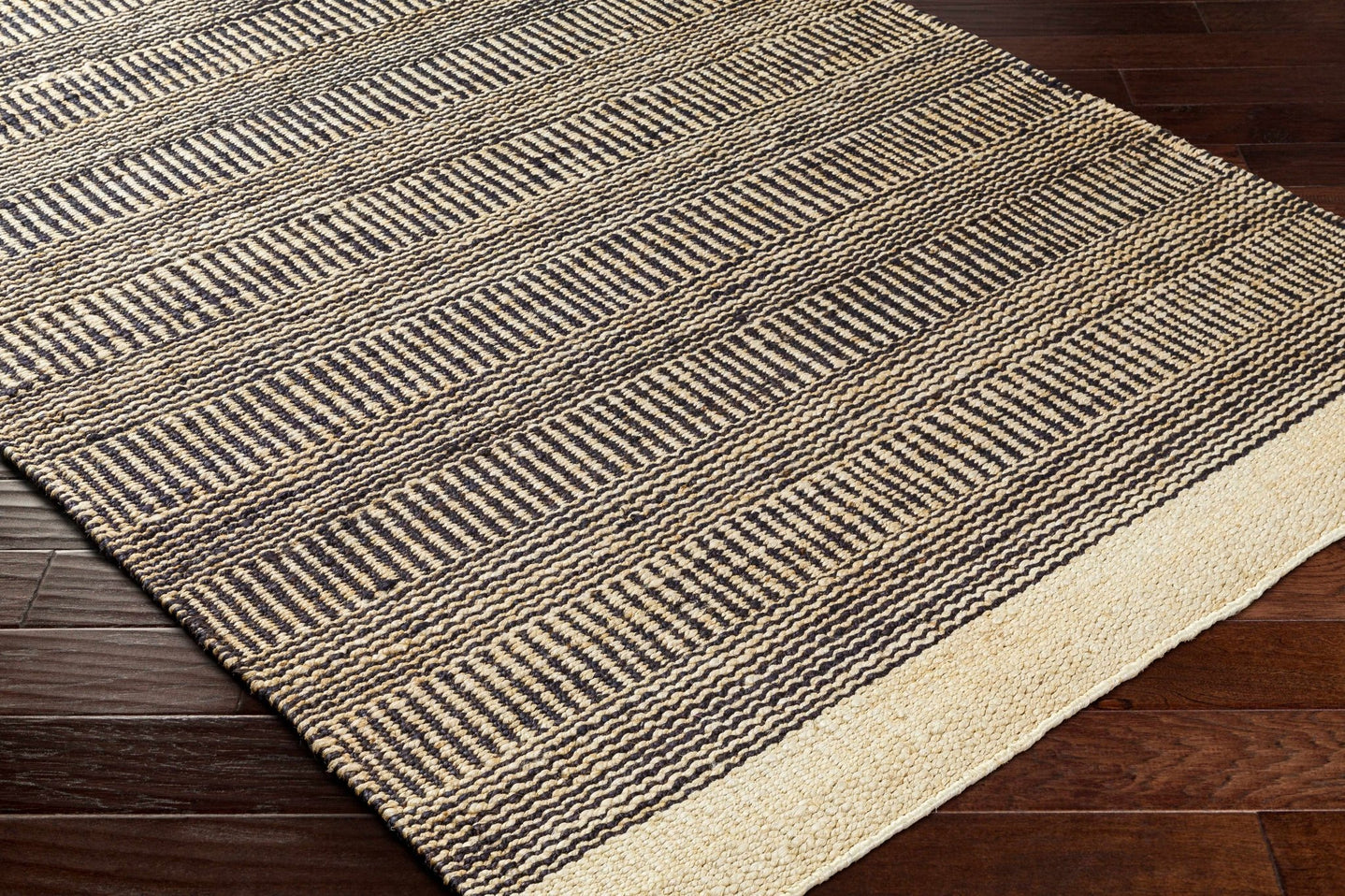 Hand Woven Tan and Charcoal Stripes Design contemporary jute area Rug - The Rug Decor