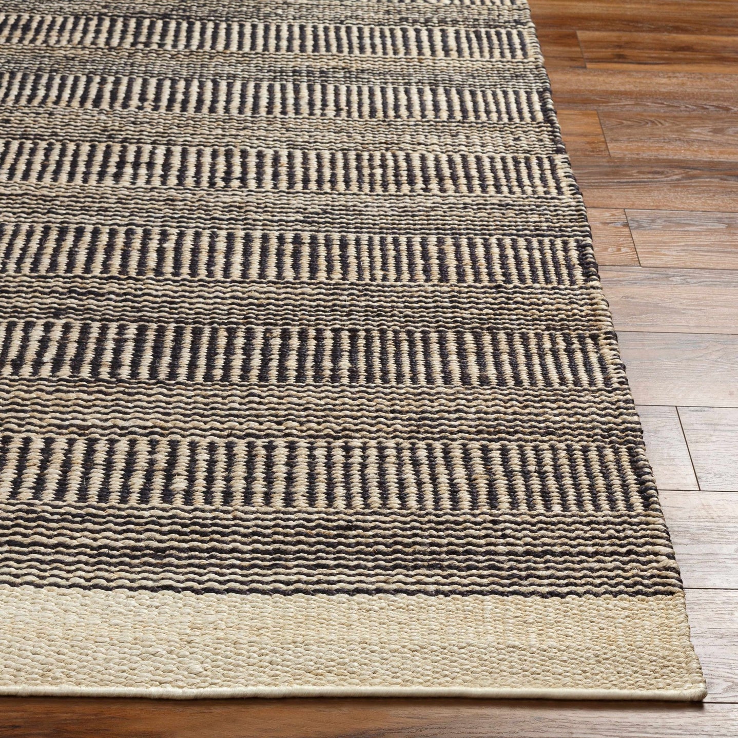 Hand Woven Tan and Charcoal Stripes Design contemporary jute area Rug - The Rug Decor
