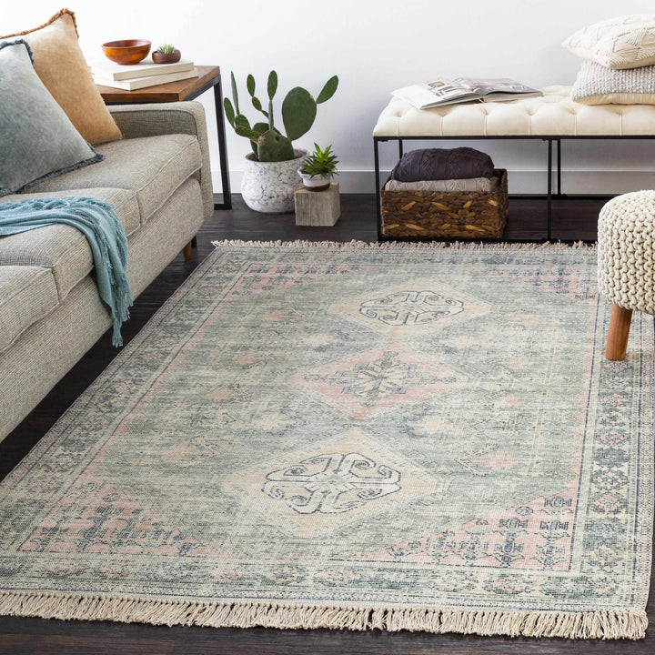 Hand Woven Traditional Heriz Green and Peach area rug - The Rug Decor