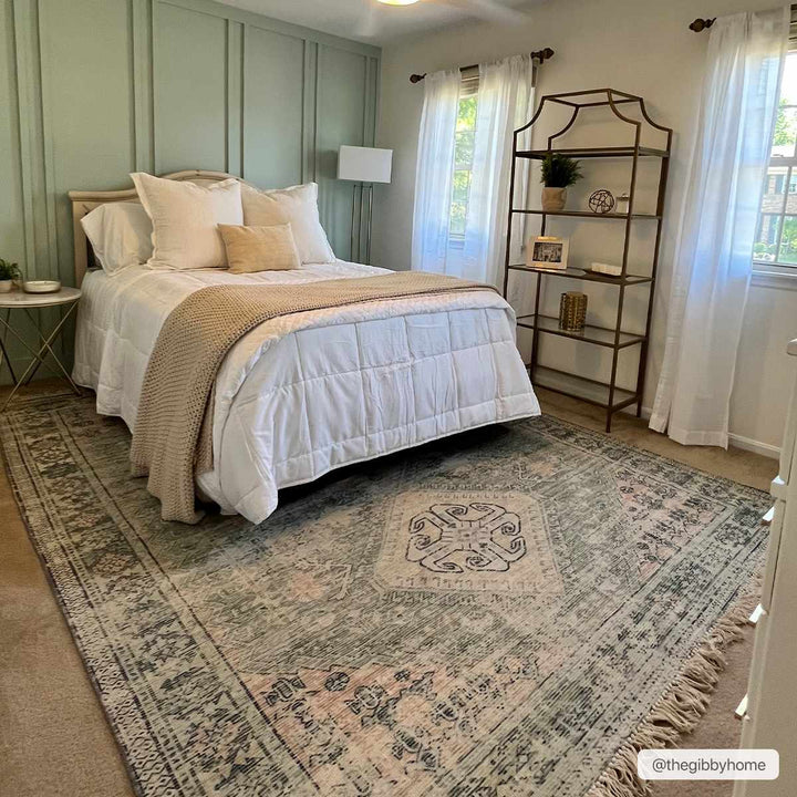 Hand Woven Traditional Heriz Green and Peach area rug - The Rug Decor
