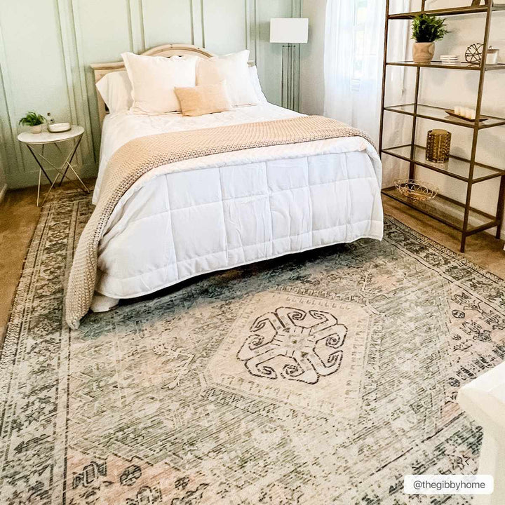 Hand Woven Traditional Heriz Green and Peach area rug - The Rug Decor