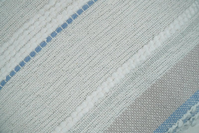 Hand woven White and Blue Cotton and Wool Tribal Accent Pillow, Cushion - The Rug Decor