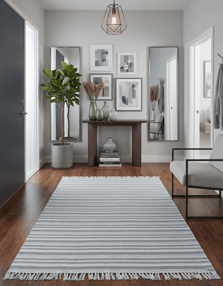 Handmade 5x8 Modern Stripes Pattern Blue And White Wool Rug - The Rug Decor