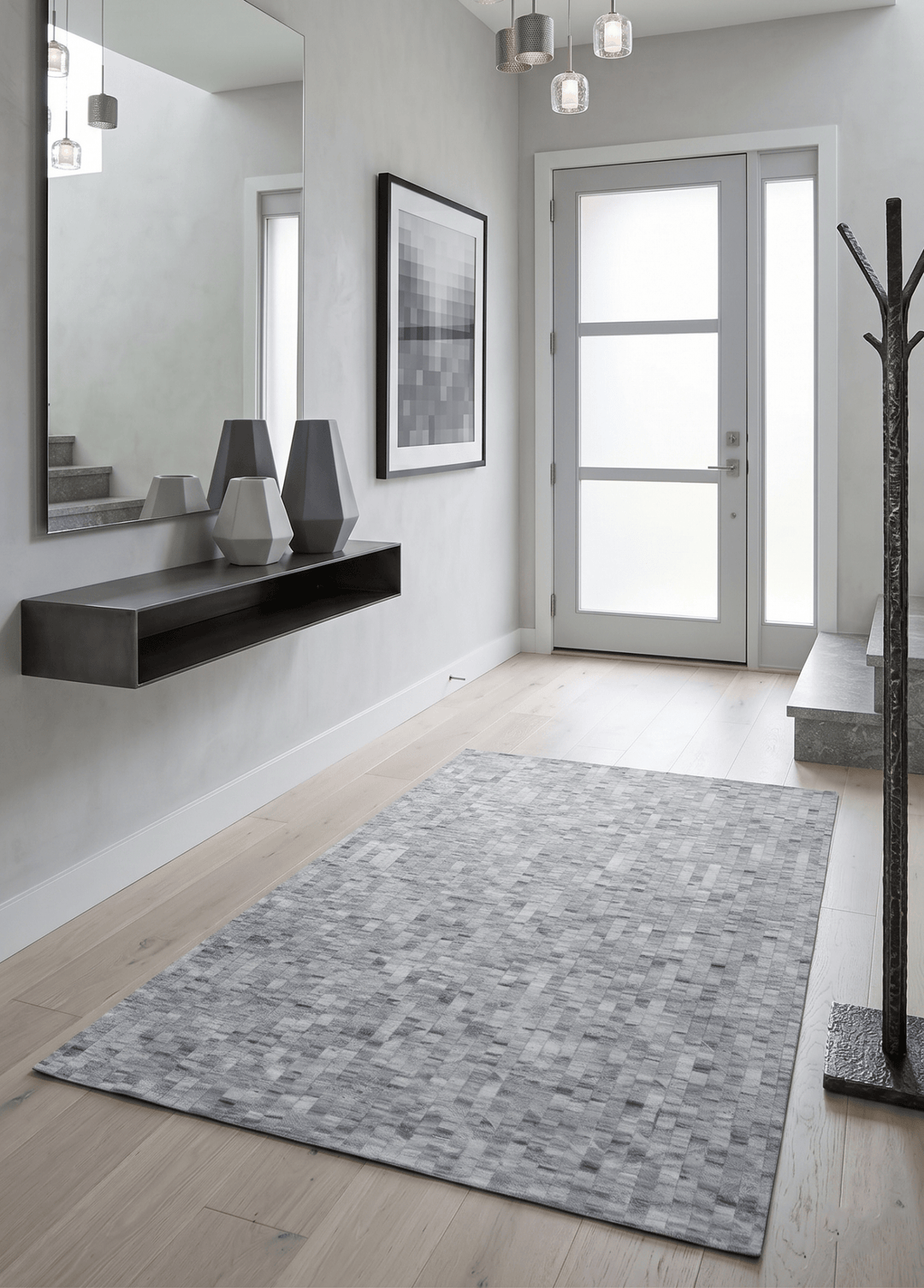 Handmade 5x8 Modern Style Genuine Leather Gray and Silver Area Rug - The Rug Decor
